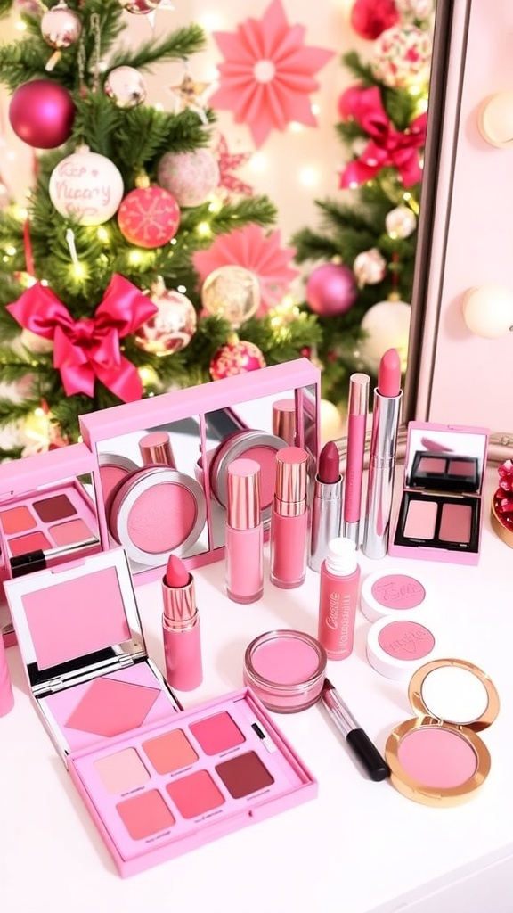 A variety of pink makeup products for Christmas looks on a decorated vanity.